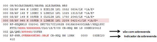 Abaixo um exemplo de como a sobrevenda forçada aparece no sistema host da companhia aérea: Na reserva identifica-se que o voo com sobrevenda é o AV0965 na data de 5 de fevereiro.