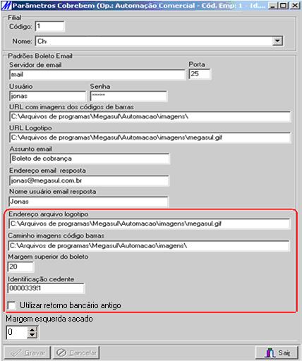 15) Adicione no menu o formulário TbuttonFormParametrosCobrebem. Nessa tela, são configurados os parâmetros em nível de Filial para a ferramenta. 7.1.1 PADRÕES BOLETO EMAIL Servidor de email: endereço do servidor de e-mail na internet.