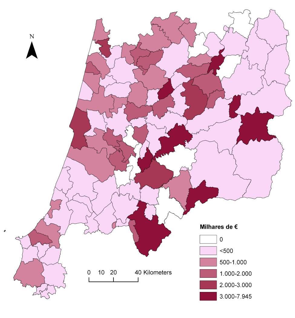 Figura 16: Incentivo médio atribuído por projecto aprovado nos sistemas de incentivos por municípios da Região Centro Fonte: POFC e PO Regional, 30 Junho 2010 4.