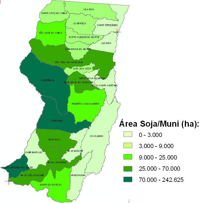 No mapa acima, as áreas em tons de verde indicam que ainda existem lavouras em fases anteriores à