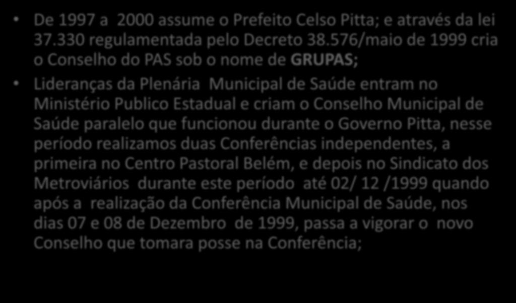 Nem tudo são flores De 1997 a 2000 assume o Prefeito Celso Pitta; e através da lei 37.330 regulamentada pelo Decreto 38.