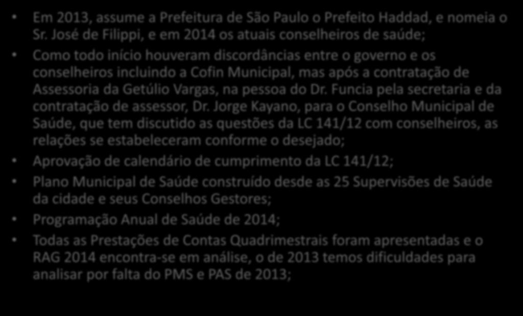 Cofin e a Lei 141/2012 Em 2013, assume a Prefeitura de São Paulo o Prefeito Haddad, e nomeia o Sr.