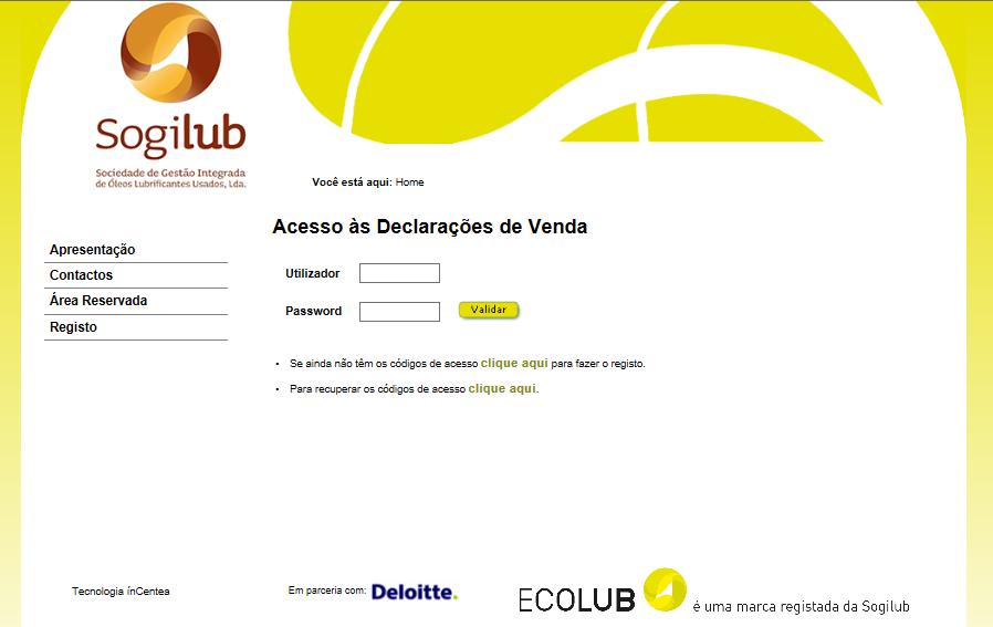 4. Autenticação na área reservada A autenticação na plataforma www.sogilub.