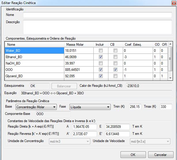 Reator CSTR a) Abra o DWSIM, adicione os componentes (Water_BD, Ethanol_BD, NaOH_BD, Glycerol_BD, OOO e EtO).