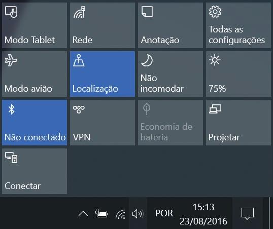 Configurações e Atualização Controlar o brilho usando a barra de tarefas Na barra de tarefas, selecione. Você pode ajustar o nível de brilho.