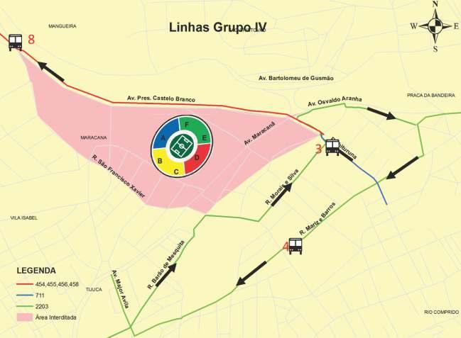 Linhas Grupos IV Alterações de itinerários das linhas no entorno do Maracanã LINHA: 454, 455, 456, 458 Sentido Centro: itinerário inalterado Sentido Zona Norte (pontos de ônibus 3 e 8):.