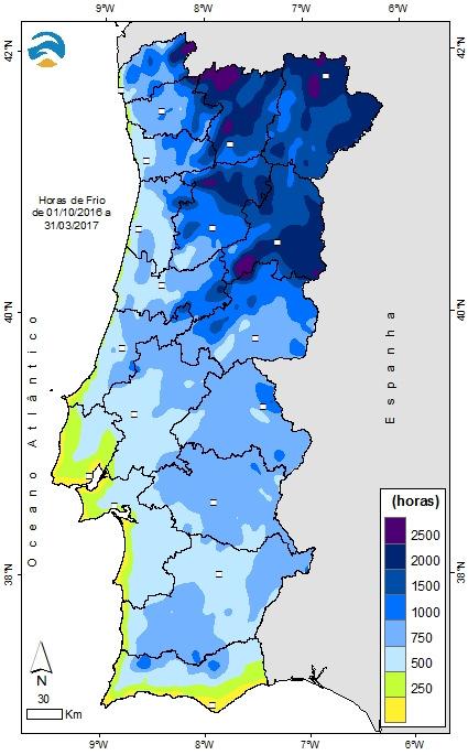 Quadro V - Número de horas de frio entre 01 de outubro 2016 e 31 de março de 2017 Distrito Valor sede distrito V. Castelo 612 Bragança 2111 Vila Real 1440 Braga 976 Porto/P.
