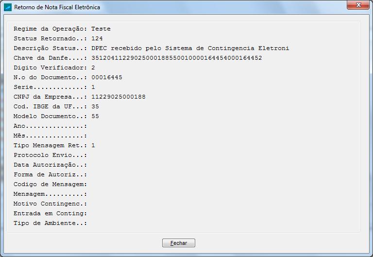 O retorno acima é referente à liberação da Nota em Contingência retornado