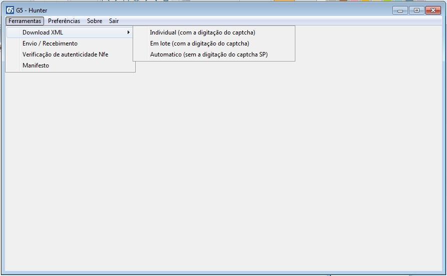 Ao acessar o Menu Ferramentas/ Download XML será possível escolher entre as opções abaixo: Individual (com digitação captcha) essa opção realizará o download do arquivo da Nfe, através do portal