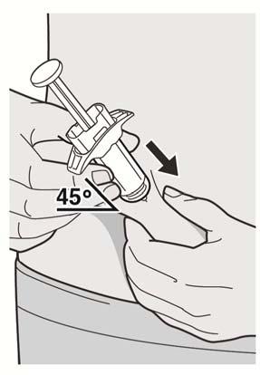 Passo 9: Insira Insira a agulha completamente na prega de pele num ângulo de aproximadamente 45. Passo 10: Empurre Diminua a pressão na prega.