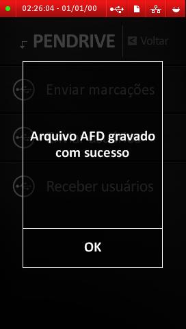 14.3. Exportação de marcações Selecione a opção Enviar marcações para exportar as marcações para um Pendrive. Aguarde a mensagem de confirmação Pressione OK.