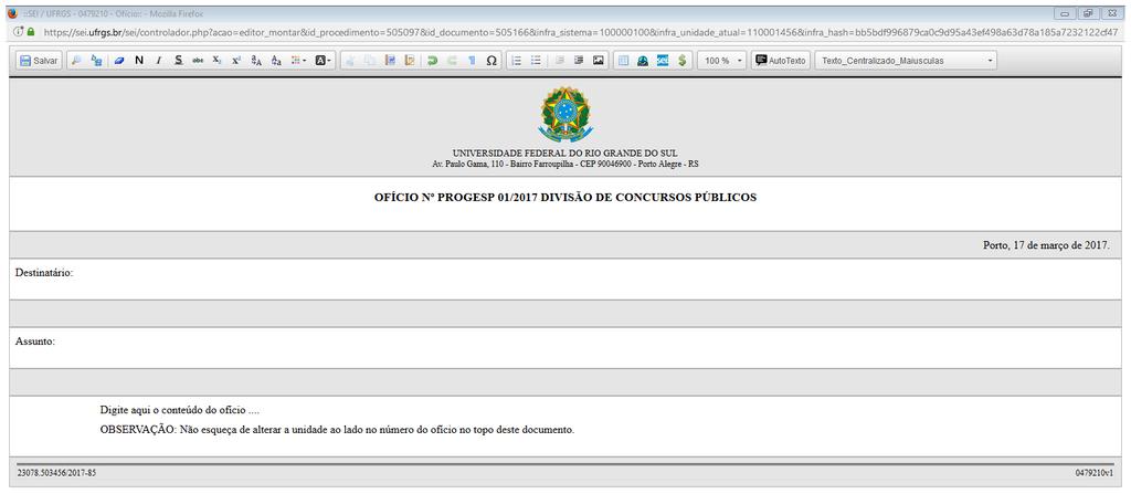 Após redigir o ofício, clicar em Salvar ; em seguida o chefe do departamento deve assinar o documento.