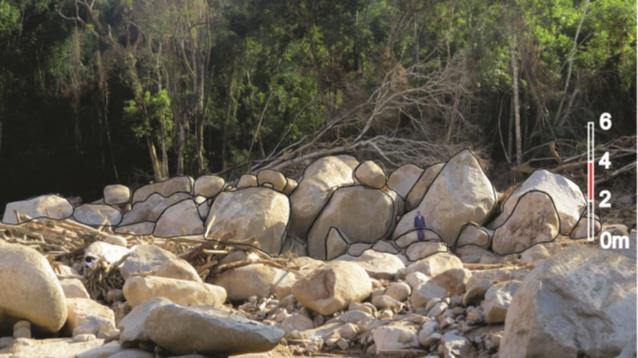 em direção a cauda, com predomínio de blocos de 2 m de diâmetro, em matriz de cascalho e areia grossa.