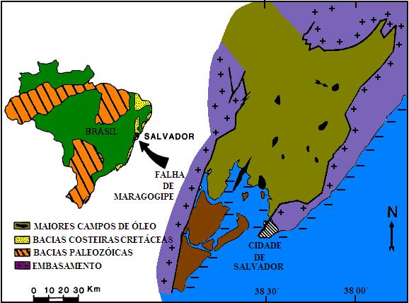 20 CAPÍTULO 2. CONTEXTO GEOLÓGICO DA ÁREA EM ESTUDO O Campo de Araçás está localizado na Bacia do Recôncavo (Figura 6) e também fazendo parte dele está o Membro Santiago.