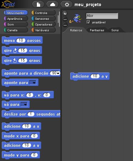 Fazer a bruxa voar O sistema de coordenadas do Snap possui o valor (0, 0) no centro da tela. Assim, ao se adicionar um valor a Y, o ator deve se mover para cima.