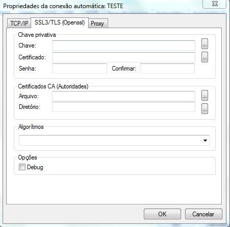 Campos Chave Certificado Senha Confirmar Arquivo Diretório Algoritmos Debug Descrição Preencha este campo com o nome do arquivo (caminho completo) onde se encontra instalada a chave privativa.