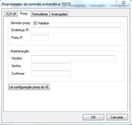 Campos Habilitar Endereço IP Porta IP Usuário Senha Confirmar Lê configuração Proxy do IE Descrição Esta opção assinalada habilita a utilização de um servidor Proxy.