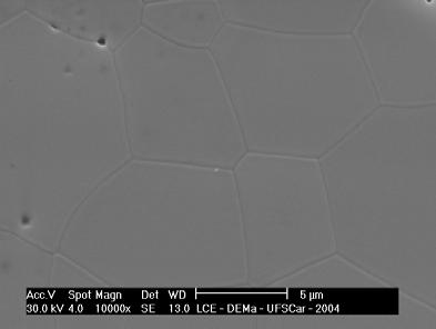 3.2 Microestruturas 3.2. Zircônia estabilizada (ZEI) A Figura 2 mostra micrografia de amostras ZEI sinterizadas a 500 e 600 C com patamar de 2 h, obtidas por microscopia eletrônica de varredura de