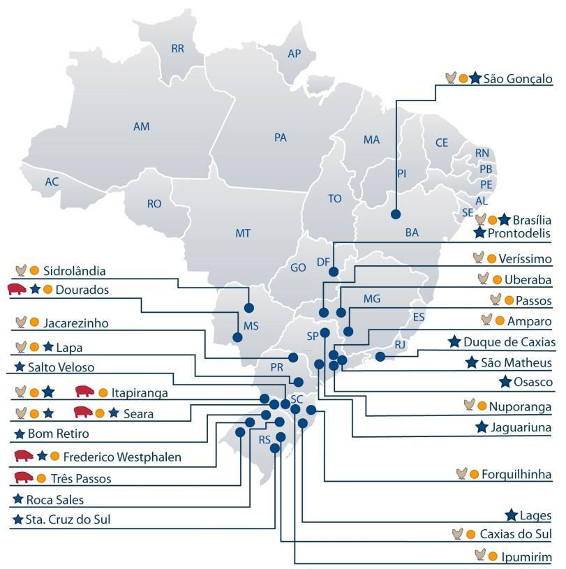 Seara Brasil Ativos Distribuição Geográfica e Capacidades Plataforma de Operações 2,6 milhões / aves dia 16,2 mil cabeças /