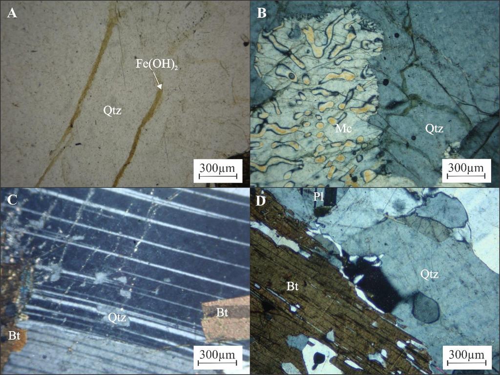 Figura 7 - Fotografias obtidas com o uso de uma lupa binocular óptica para ilustração das microfissuras preenchidas por hidróxidos e das pertitas presentes nos minerais, sobretudo, de microclínio.
