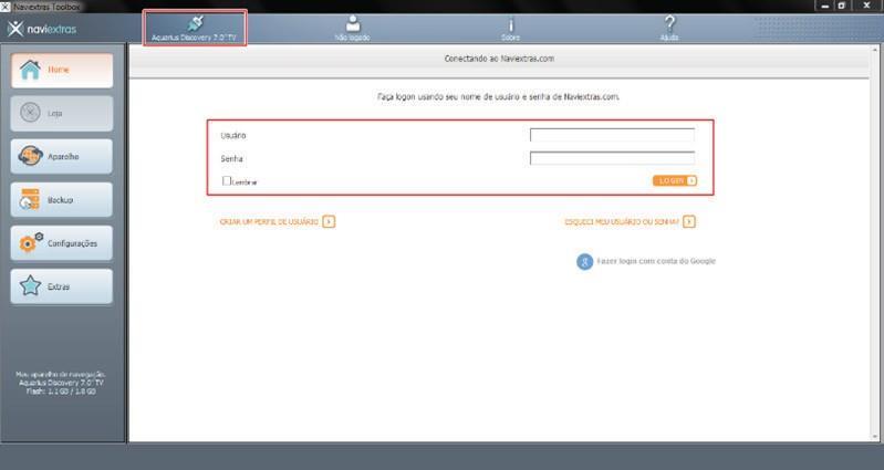 11º passo: o Naviextras Toolbox vai reconhecer o modelo do aparelho e exibir uma página de login.