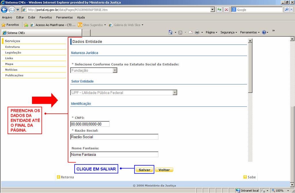 2.3) Na página de cadastro informe os dados da entidade, preencha os