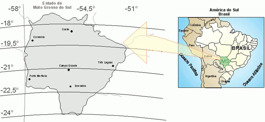 Figura 1. Localização do Estado de Mato Grosso do Sul. De posse dos dados de focos de calor, disponibilizados gratuitamente pelo INPE no site http://www.dpi.inpe.