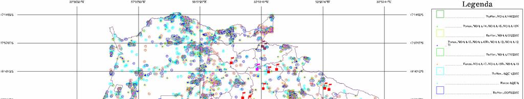 Figura 5 - Focos de calor, ano de 2007, com buffers de 3 km e carvoarias. Verificou-se que algumas carvoarias foram plotadas fora dos limites do Estado devido à incoerência de suas coordenadas.