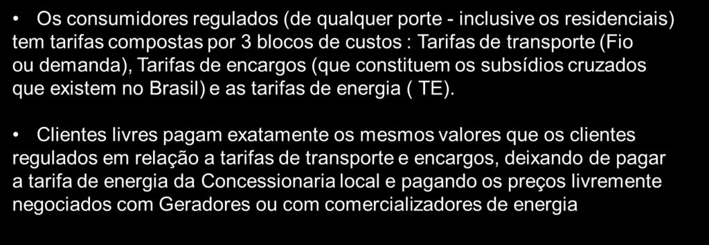 Composição dos preços nos mercados cativo e livre Cliente regulado = Tarifa de fio + Encargos + Tarifa de