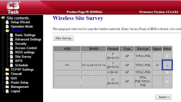 3. Conectando ao roteador principal Navegue até Wireless depois em Site Survey.