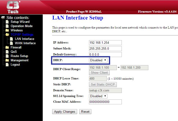 5. Desabilitando DHCP Navegue até TCP/IP Settings depois em LAN Interface. Marque a opção Disabled no campo DHCP. Clique em Apply Changes e depois em Reboot Now, e espere a contagem de segundos.