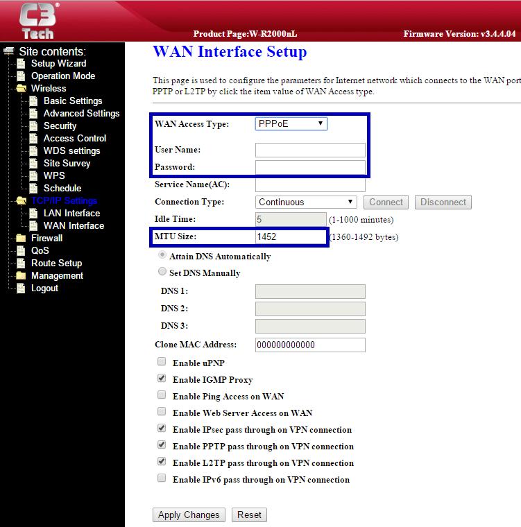 4. Configuração de Usuário e Senha (PPPoE) Para usuários VIVO Speedy ou Oi velox que utilizam usuário e senha Navegue até TCP/IP Settings depois em WAN Interface.