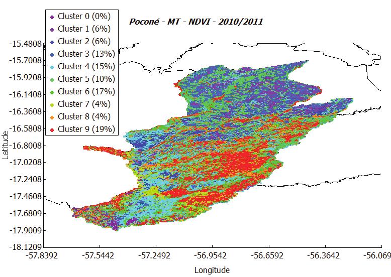 Por outro lado, os grupos de vermelho apresentam altos valores de índice de vegetação, para NDVI na média de 0,79 e para o EVI com média de 0,50 onde se concentram áreas de vegetação mais densa,