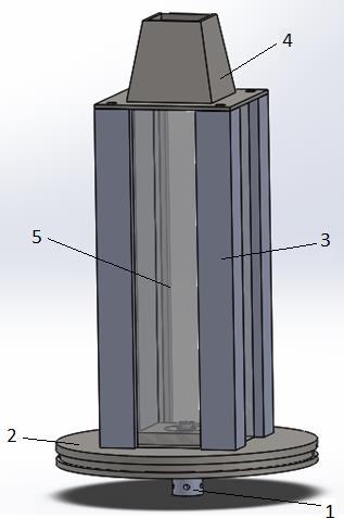 Figura 3: Câmara de combustão: 1 swirler, 2 base, 3 cantoneiras, 4 chaminé, 5 janelas de quartzo. Em seguida, foram projetadas as cantoneiras que sustentam as janelas de quartzo.