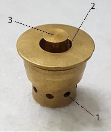 Figura 4: swirler: 1 orifícios de entrada de ar e combustível, 2 área de saída do escoamento, 3 corpo rombudo central ( bluff body ).