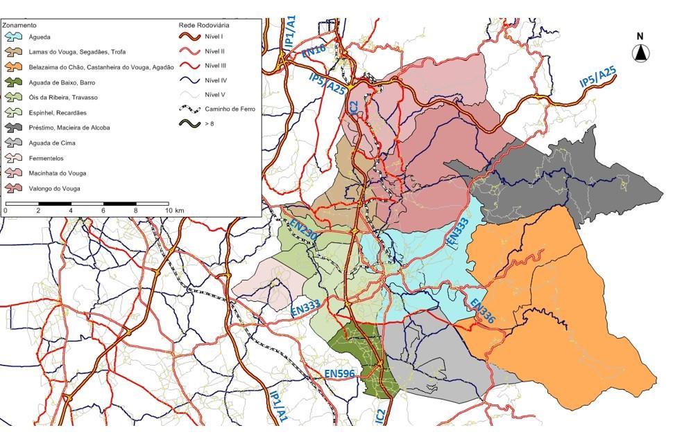 Figura 89 Classificação da rede rodoviária por nível hierárquico Fonte: TIS, Modelo de tráfego A rede de Nível I que serve o concelho de Águeda é definida pelas seguintes vias: concessionada pela