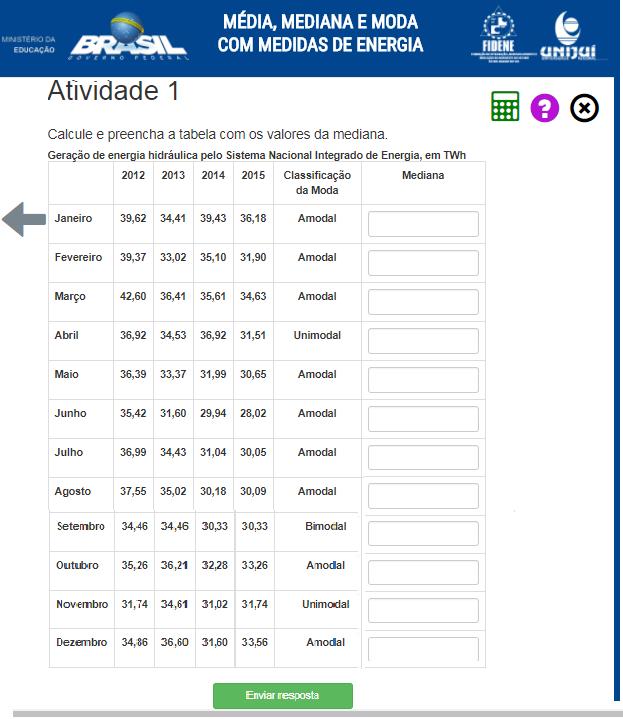 Na mesma tabela, agora complete com a mediana dos valores, após clique em Enviar