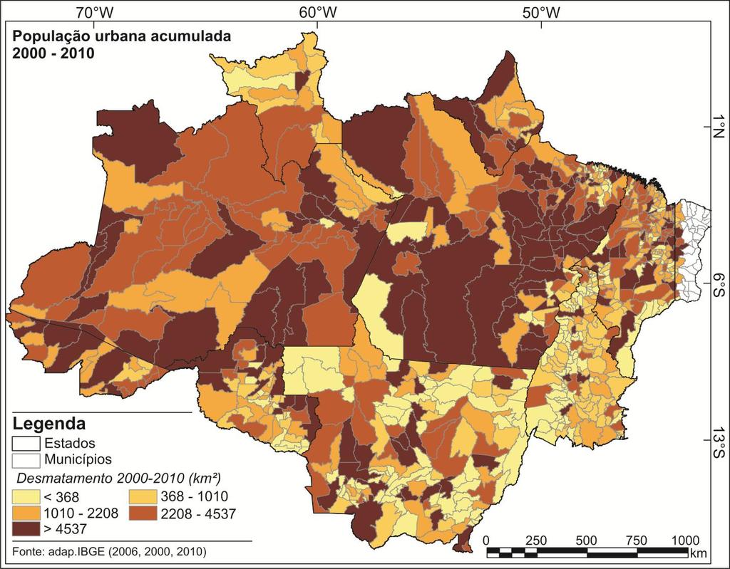 Amazônia Legal diferentes padrões de evolução urbana associados a diferentes regimes de desmatamento.