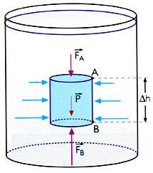Lei fundamental da hidrostática F F P 0 F A B A P + F B = 0 Como m = ρ V e V = S h vem, F B = F A + P P = mg = g V = g S h F B = F A + g S h Se dividirmos tudo por S vem, FB FA S S ρ g S Δh S p B p A