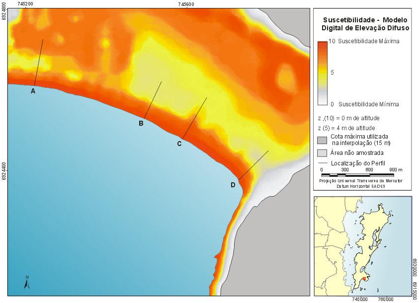 79 4.1.4.2 Suscetibilidade em Relação ao Modelo Digital de Elevação Difuso O MDE difuso da Praia Pântano do Sul mostra a suscetibilidade da área em relação à topografia (FIGURA 52).