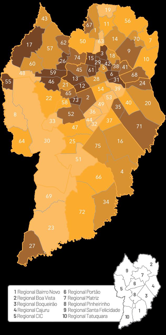 Representação gráfica dos bairros de residência dos adolescentes de 14 a 17 anos que participaram de programas de aprendizagem O mapa a seguir mostra a divisão dos bairros de Curitiba em cinco