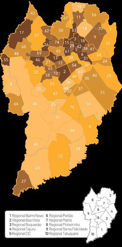 Representação gráfica dos bairros de residência dos jovens de 18 a 21 anos que participaram de programas de aprendizagem O mapa a seguir mostra a divisão dos bairros de Curitiba em cinco categorias