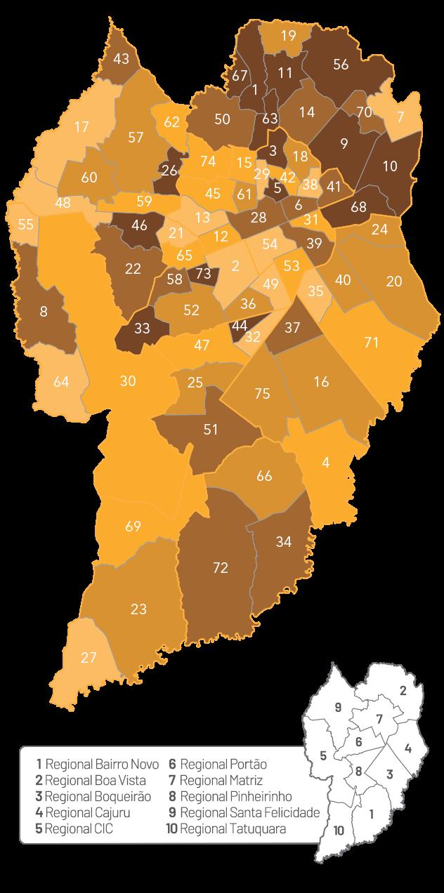 Representação gráfica dos bairros de residência dos jovens de 18 a 21 anos que participaram de cursos de profissionalização O mapa a seguir mostra a divisão dos bairros de Curitiba em cinco