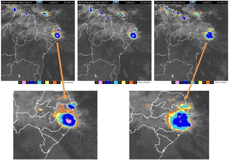 Figura 7: Seqüência de imagens do satélite GOES 12 Para a precipitação acumulada referente ao dia 18 de Junho (Figura 8) o modelo atmosférico MM5 simulou um aumento espacial da chuva sobre boa parte