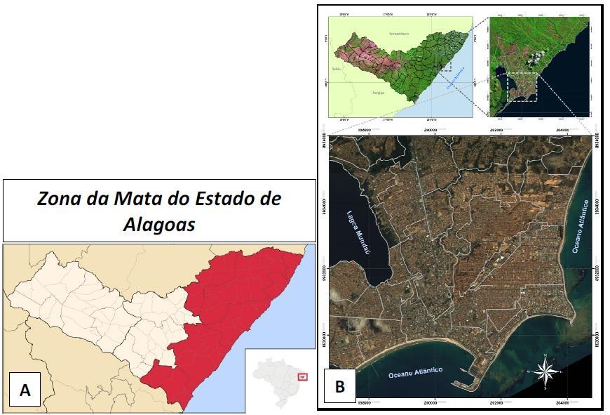 Figura 1: (A) Mapa de localização da mesorregião da Zona da Mata. (B) Região metropolitana de Maceió.