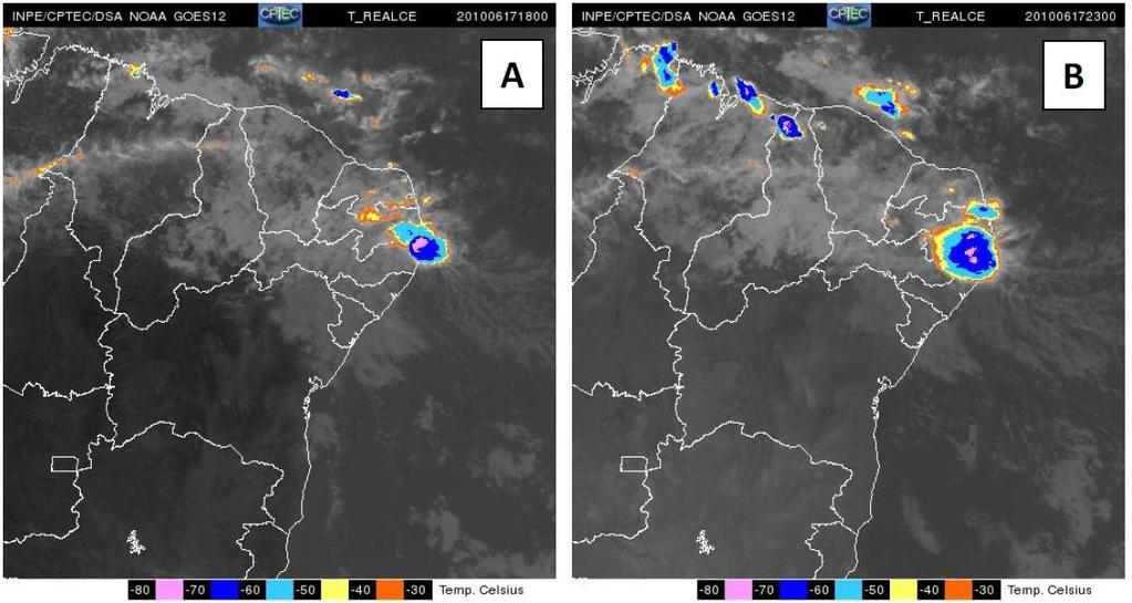 Figura 5: Imagem do satélite GOES 12 no dia 17 de Junho as 18:00 e 23:00 UTC O modelo também foi eficaz com o mapa de precipitação acumulada gerado pela Secretaria de Meio Ambiente e Recursos