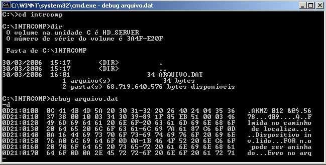 Resultado da execução do utilitário: DEBUG (do DOS), que permite tirar uma foto do registro gravado pelo programa em PASCAL.