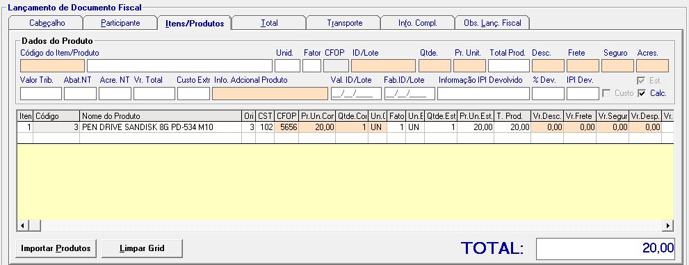 Agora Vamos para aba Itens/Produtos onde você também apenas usara o CTRL+P para