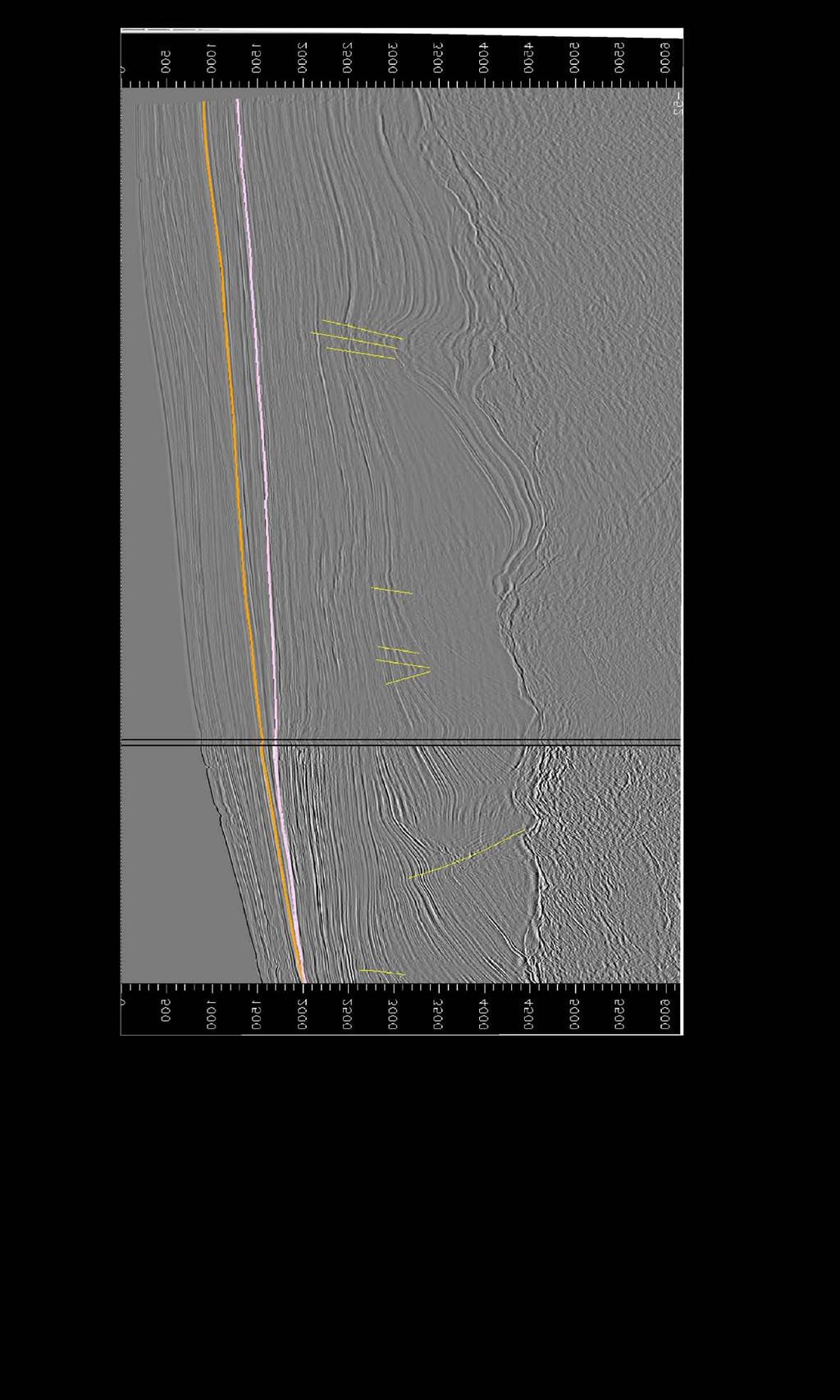 TWT NW SE H7 H6 5049m 4700m H5 H4 H3 H2 H1 Figura 4.27: Linhas sísmicas 231-0649 e 248-0017, em tempo (TWT).