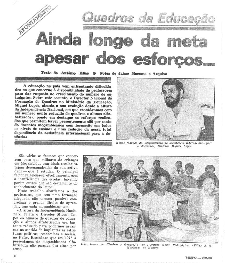 343 Figura 13 - José de Sousa Miguel Lopes falando sobre a carência de professores em Moçambique (1986). Fonte: Acervo bibliográfico do AHM/UEM.